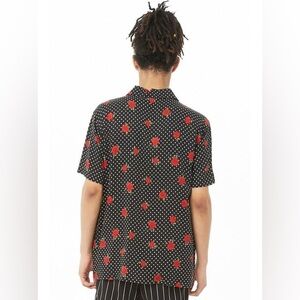 Forever 21 Men’s Black White Polka Dot Red Rose Short Sleeve Button Up Shirt L